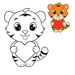 A cute tiger cub gently holds a heart in its paws, with big, playful eyes and a soft, fuzzy fur coat, exuding warmth, innocence, and affection in an adorable, heartwarming pose.