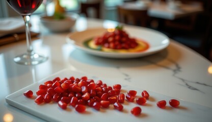 A sophisticated, high-angle close-up shot captures an intimate dining experience. Pomegranate seeds, vibrant and ruby-red