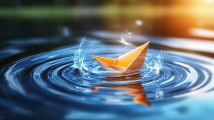 Serene paper boat sailing on tranquil lake nature scene high-quality image calm water close-up view peaceful reflection
