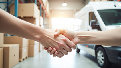 a man's handshake on the background of cardboard boxes and a white van in a warehouse