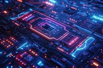 Obraz premium A sleek interface with neon blue outlines and geometric data points glows softly