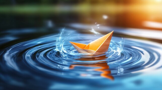 Serene paper boat sailing on tranquil lake nature scene high-quality image calm water close-up view peaceful reflection