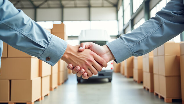 a man's handshake on the background of cardboard boxes and a white van in a warehouse