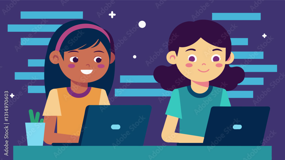 Poster two young girls engrossed in a coding program their faces lit up with concentration and excitement..