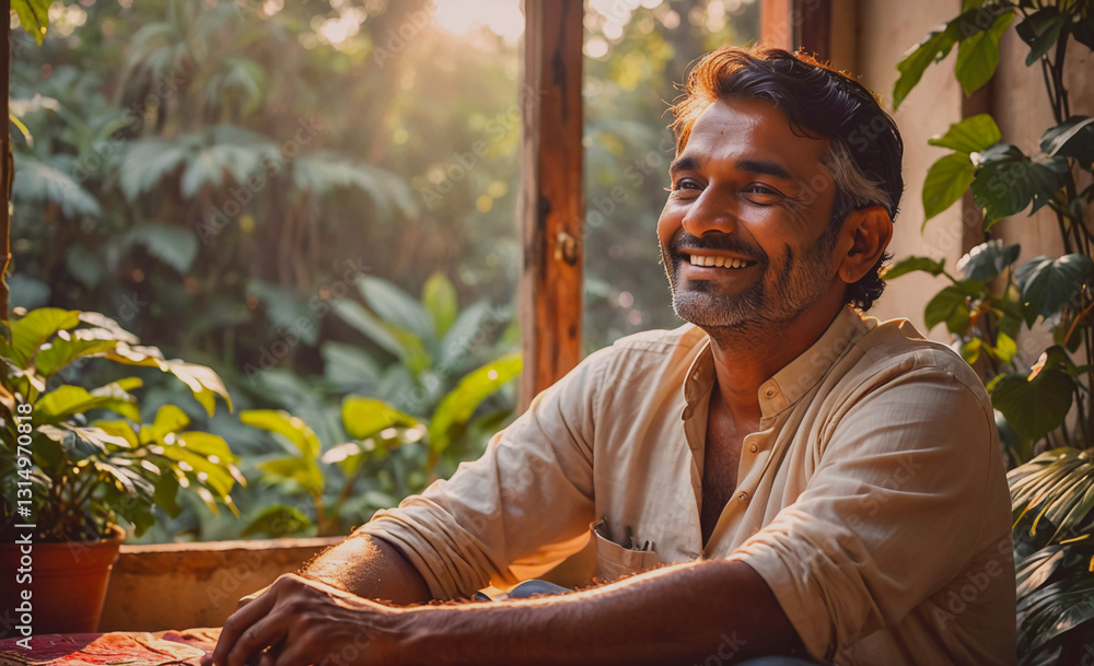 Poster Man with a big smile is sitting in front of a window with plants. He is wearing a white shirt and he is enjoying the view