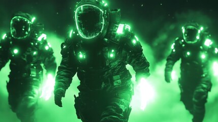 Astronauts in glowing green suits traverse a smoky, otherworldly landscape