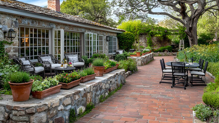 Obraz premium Stone house patio garden; outdoor dining; lush landscaping; tranquil setting; real estate marketing