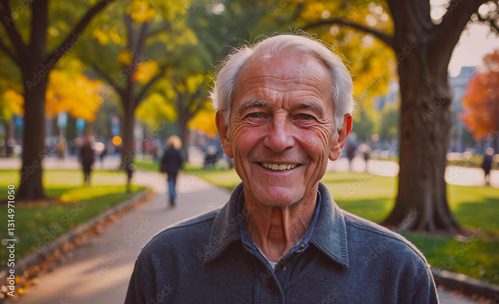 Aufkleber Man with a gray beard and a gray shirt is smiling. He is standing in a park with trees in the background