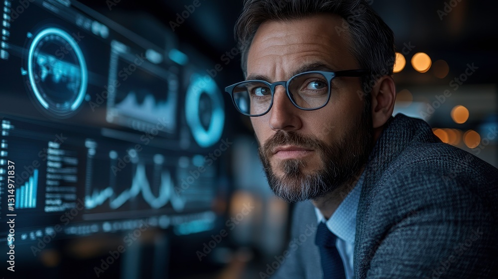 Poster a focused professional analyzes data on a digital screen, showcasing a modern workspace with graphs 