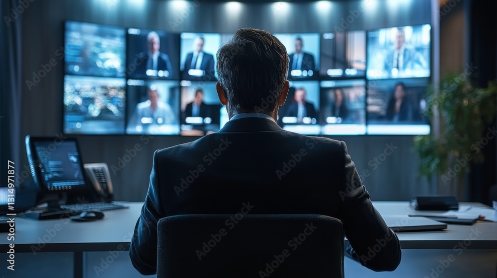Poster a professional observing multiple screens, possibly in a control room, indicating a scenario of moni