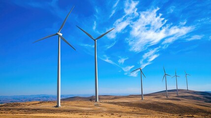 Wind turbines standing tall against a bright blue sky in a rural landscape.