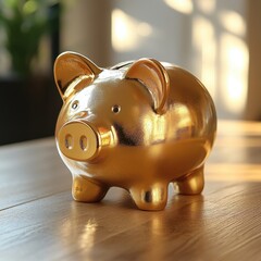 Golden piggy bank on wooden surface reflecting sunlight symbolizing financial savings and investment for future stability and wealth accumulation in a bright interior