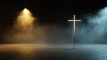 Naklejka premium Illuminated cross in a dark space with smoke and contrasting lights creates a dramatic atmosphere for reflection