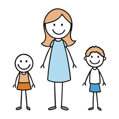 A stick-figure family: a loving mother, daughter, and son, holding hands and smiling together, symbolizing warmth, joy, and the strong bond of family unity and togetherness.