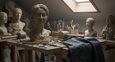 Sculptor's Workshop with Partially Carved Clay Bust