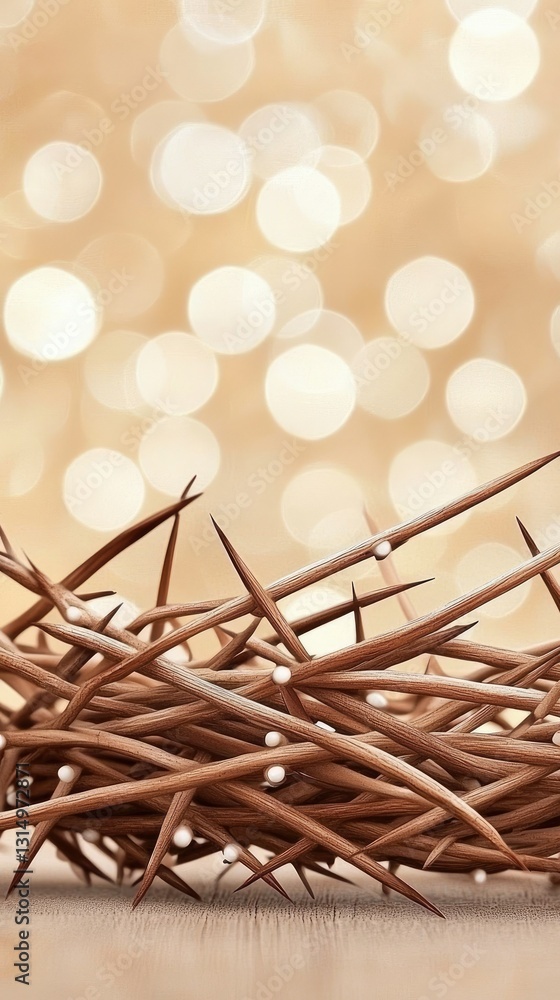 Poster Natural nest made of twigs and decorative elements against a soft bokeh background during a bright daytime setting