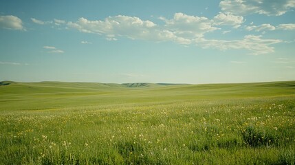 Expansive Green Meadow Under Blue Sky with Scattered White Clouds