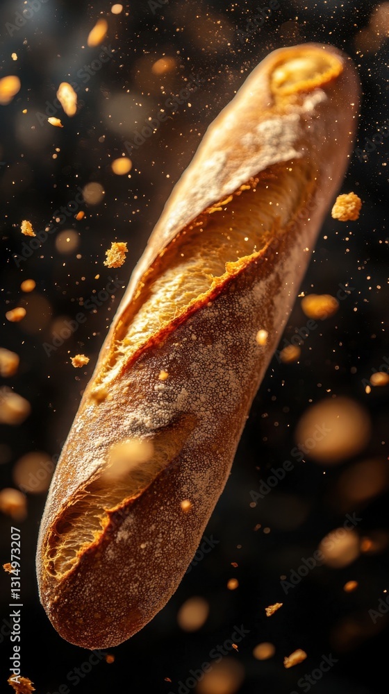 Poster captivating studio shot of golden baguette with crumbs floating against a dark background creating a