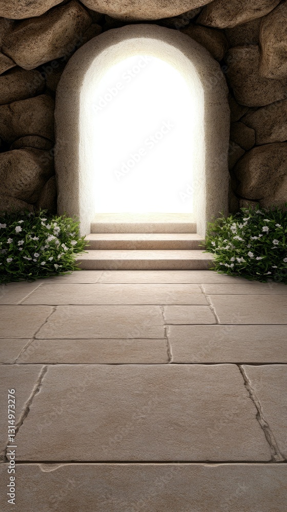 Poster Steps leading to a bright entrance surrounded by stone walls and greenery, creating an inviting atmosphere in a serene setting