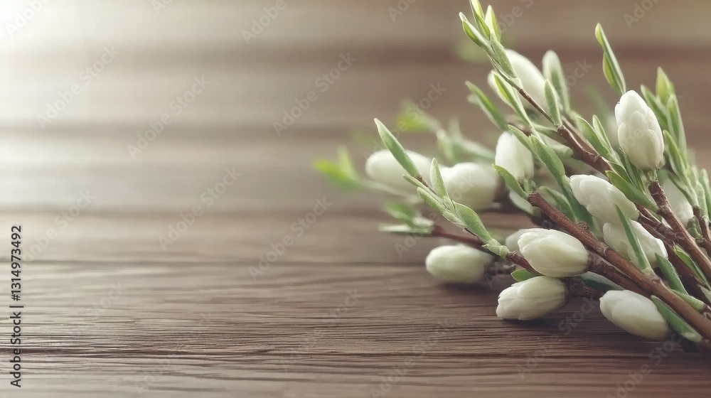 Poster spring blooms arranged gently on wooden surface creating a serene atmosphere with a soft light showc