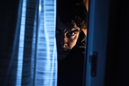 Nighttime Intruder: A Stealthy Thief Maneuvering Through Home Shadows