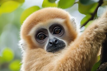 Fototapeta premium Stunning Close-Up of a Female Yellow-Cheeked Gibbon Amidst Lush Foliage, Showcasing Its Beautiful Brown Fur and Expressive Face in Captivity