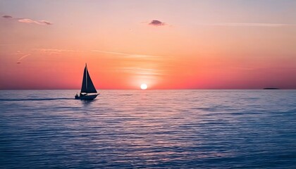 A serene digital illustration of a sailboat gliding across calm ocean waters at sunset, with a warm pink and orange sky reflecting on the waves.


