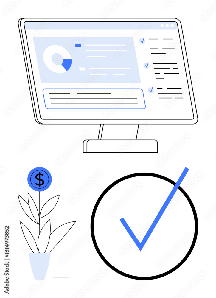 Poster computer screen displaying analytics next to a plant with a dollar sign and a bold checkmark. ideal 