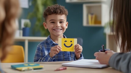 A joyful child in a classroom setting holding a smiling face card, embodying happiness and positivity during a creative or educational activity with peers and teachers.
