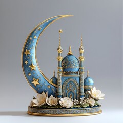 Obraz premium Blue mosque miniature on crescent moon with flowers.