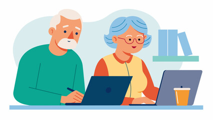 An elderly couple collaborating on a document together utilizing the computer skills they learned to stay connected and continue learning together.. Vector illustration
