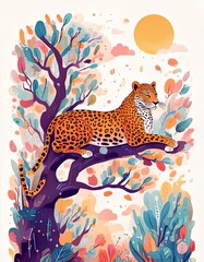 Obraz premium A beautifully illustrated stylized depiction of a leopard resting on a tree branch, surrounded by vibrant botanical elements in warm autumn hues.