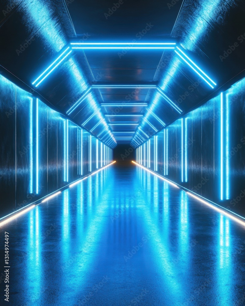 Fototapete futuristic corridor illuminated with vibrant blue neon lights creating a captivating perspective and