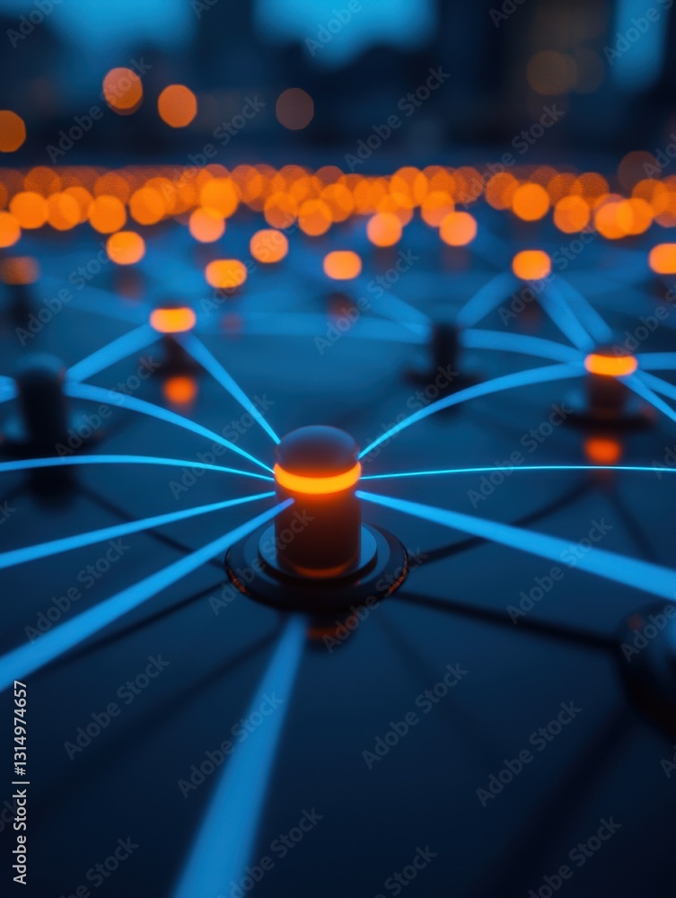 Poster futuristic network connection with glowing nodes and interconnected lines in a dark blue environment