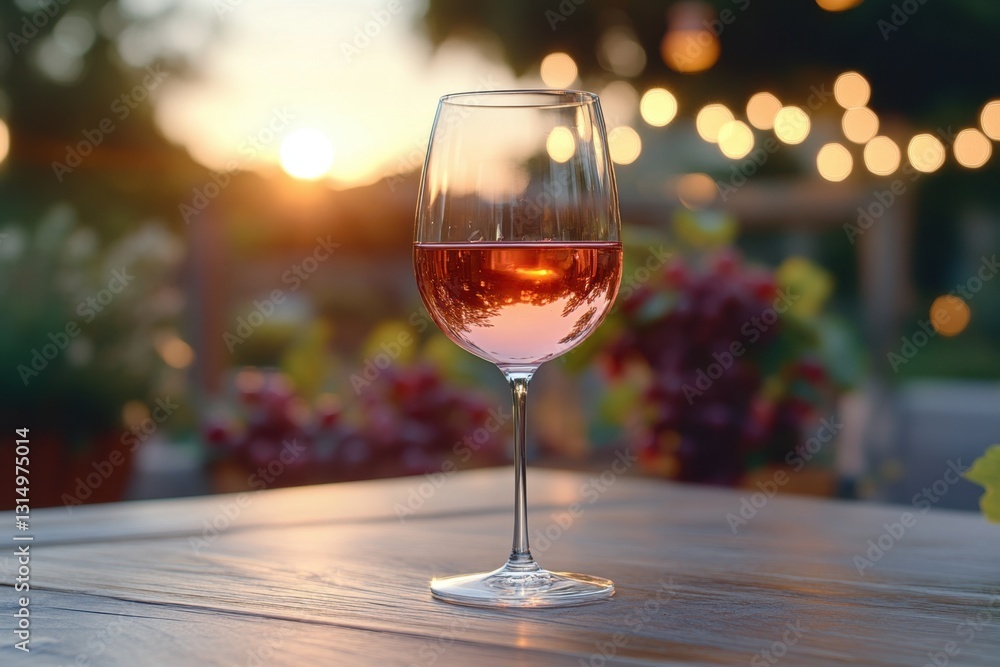 Poster elegant glass of rose wine on a wooden table at sunset with bokeh lights in the background creating 
