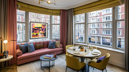 Luxury London apartment with bay windows, city view, dining table, and modern sofa; ideal for travel brochures