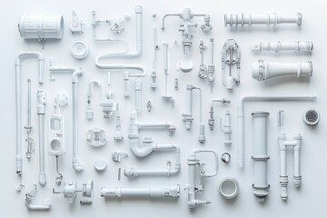 Detailed Arrangement of White Plumbing Pipes and Fittings on Clean Surface Background