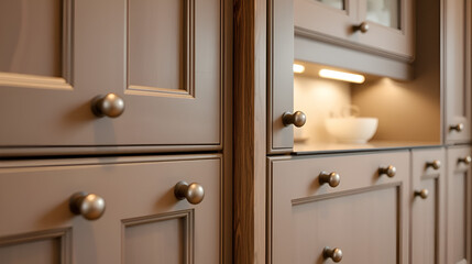 Wooden and steel handles on fitted kitchen units