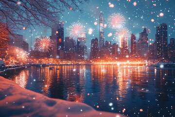 Obraz premium Vibrant Fireworks Display Over Crowded Carnival with Ferris Wheel and Amusement Rides at Night, Generative AI