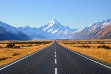 Fototapeta premium Endless Straight Path Leading to Snow-Capped Peaks of New Zealand