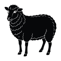 Sheep Striding with Woolly Coat Silhouette on White Background