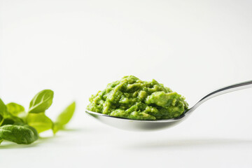 A spoonful of creamy, green avocado mash with fresh basil leaves in a minimalist setting.