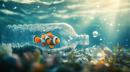 A clear plastic bottle floating in the ocean with a small clownfish is trapped inside