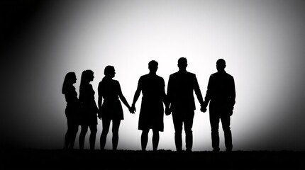 Silhouette of Group Holding Hands in Circle with Soft Light and Grain Texture - Black and White Photography