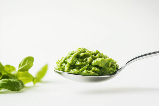 A spoonful of creamy, green avocado mash with fresh basil leaves in a minimalist setting.