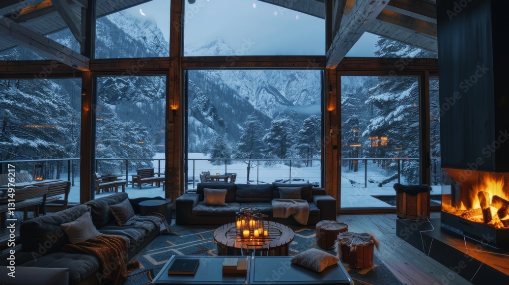 Poster warm glow from the fireplace contrasts with the snowy scenery outside, creating a serene atmosphere 
