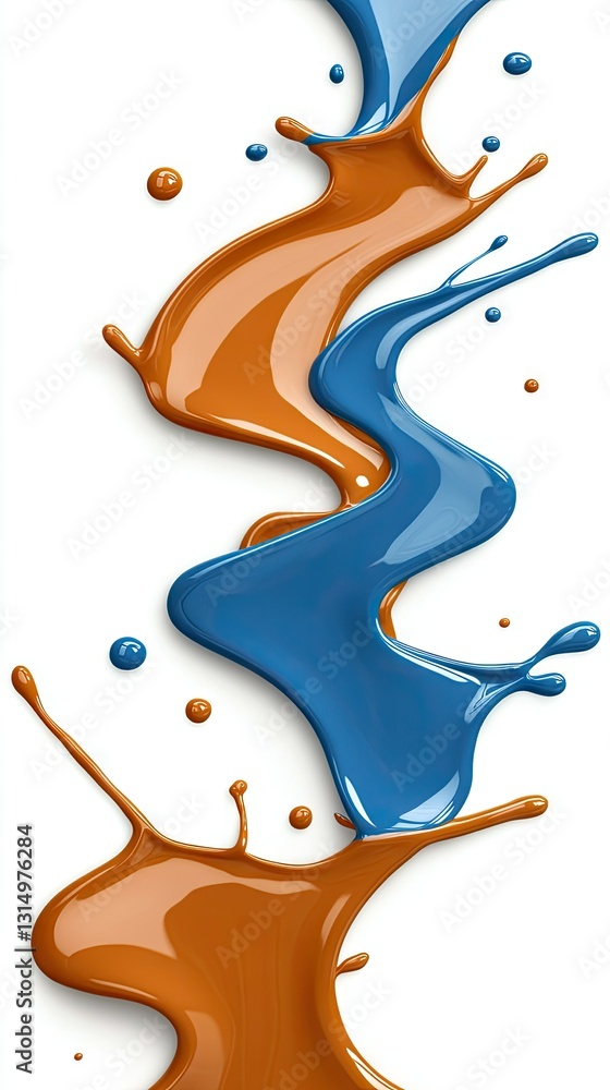 Poster vibrant splashes of blue and orange paint create a dynamic flow against a white background in an art