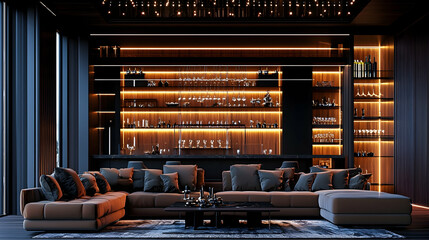 Luxurious home bar with seating area, night view