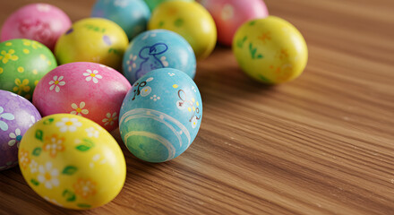 Fototapeta premium Colorful Easter Eggs with Floral Patterns on Wooden Table