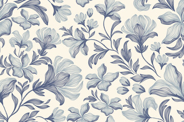 Vintage floral ethnic tapestry modern embroidery texture boho design vector illustration hand drawn silhouette indigo blue flower motif branches leaves wallpaper seamless background border.